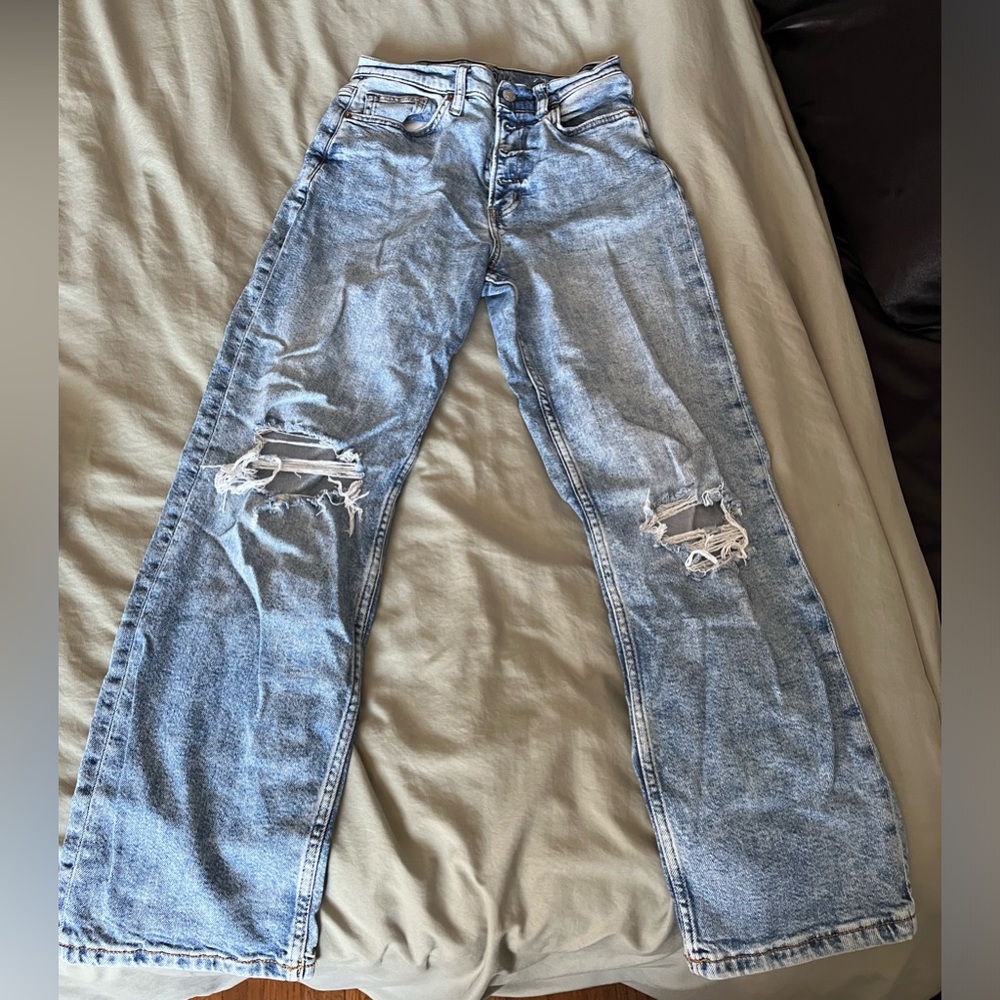 High rise, distressed, straight cut jeans